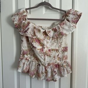 River Island White Floral Eyelet Off-Shoulder Ruffle Top